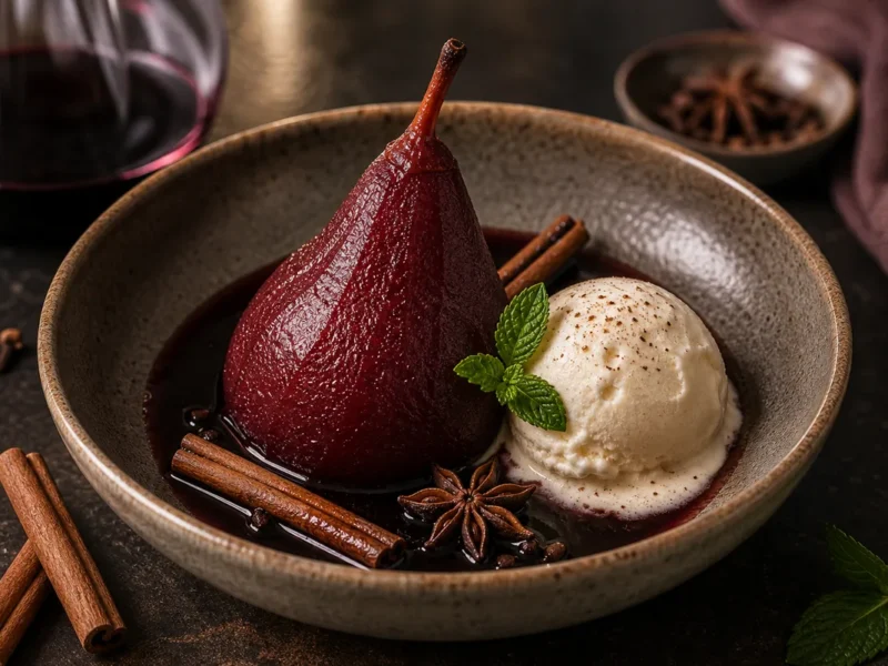 Peras al vino tinto con especias y helado — receta de cocina Mediterránea