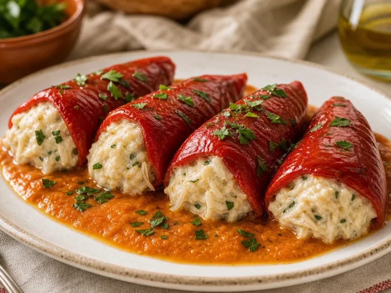 Pimientos del piquillo rellenos de bacalao y nata — receta de cocina Mediterránea