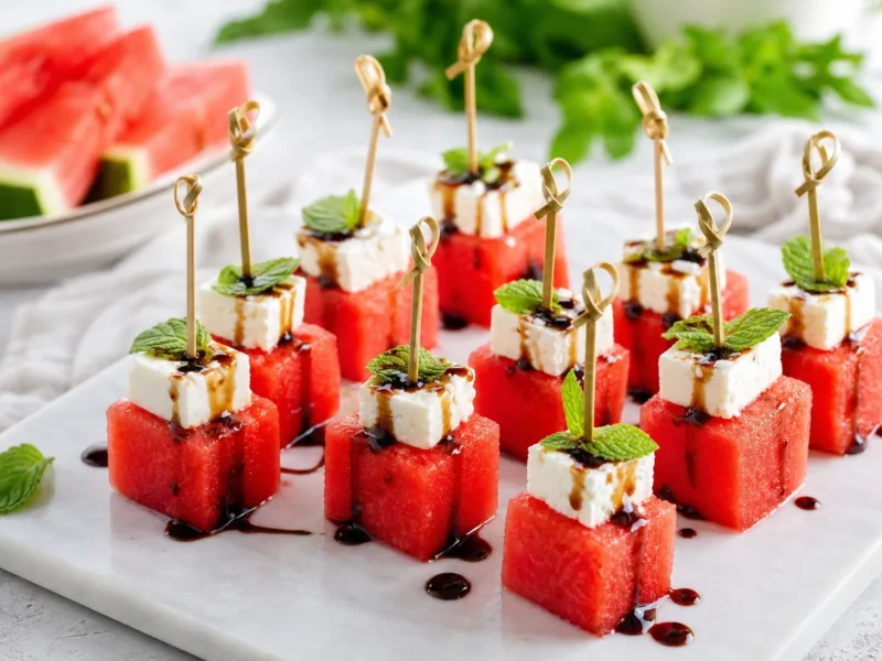Pinchos de Sandía con Queso Feta, Menta y Balsámico — receta de cocina Mediterránea