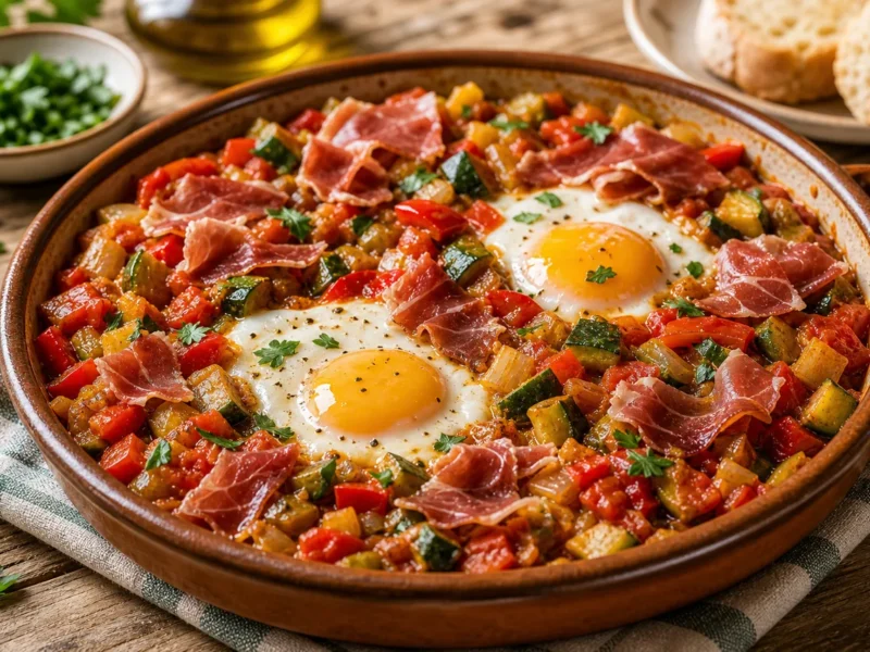 Pisto manchego con huevos y jamón serrano — receta de cocina Mediterránea