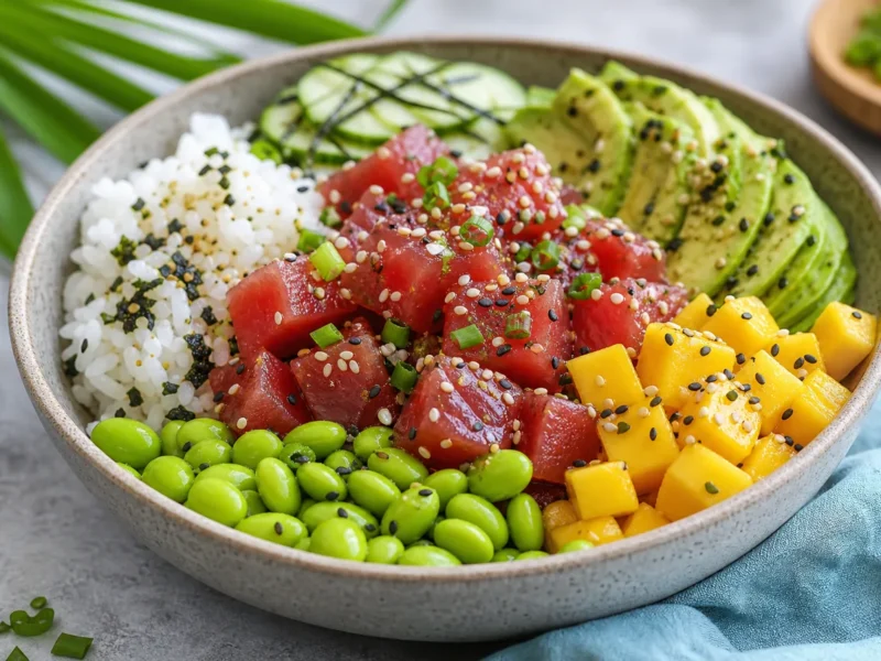 Poke bowl de atún con arroz, aguacate y mango — receta de cocina Mediterránea