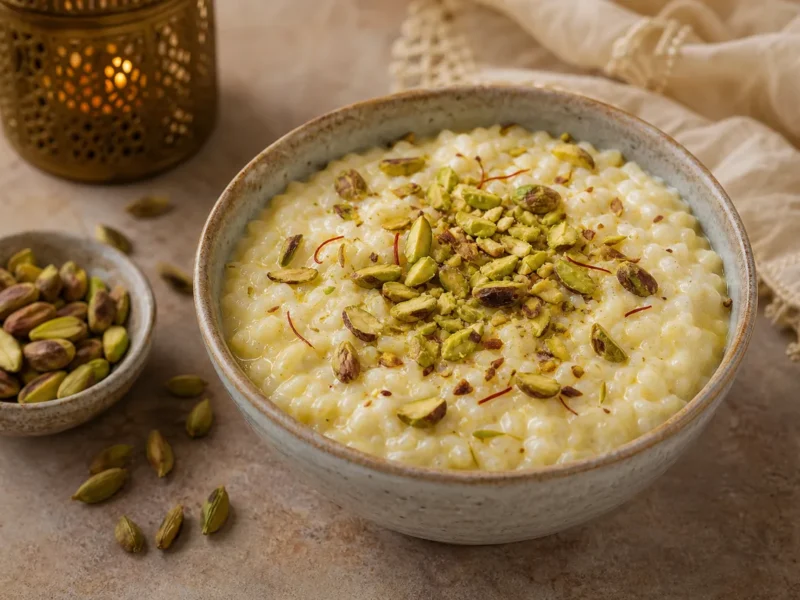 Pudding de arroz con cardamomo y pistachos — receta de cocina Mediterránea