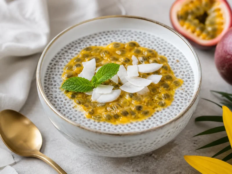 Pudding de Chía con Leche de Coco y Fruta de la Pasión — receta de cocina Mediterránea