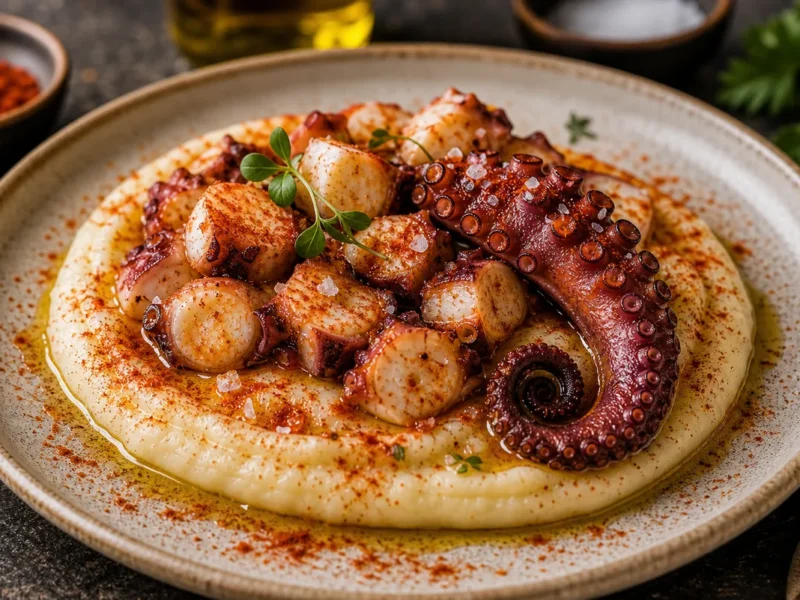 Pulpo a la gallega sobre parmentier de patata — receta de cocina Mediterránea