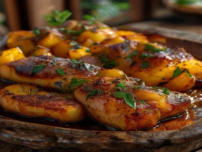Baked turbot with baked potatoes — receta de cocina Mediterranean