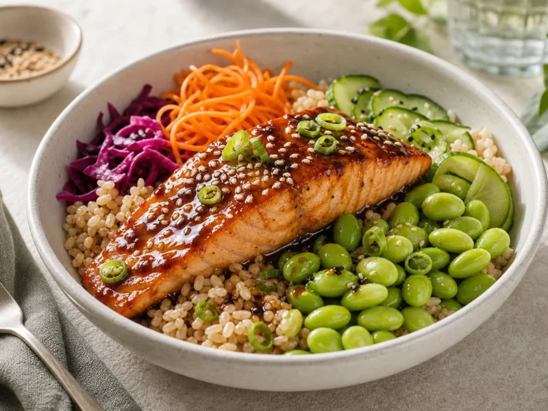 Salmón teriyaki con arroz integral y edamame — receta de cocina Japonesa