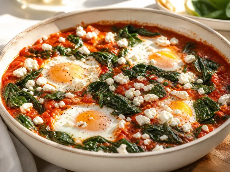 Shakshuka Ligera con Espinacas y Feta — receta de cocina méditerranéen