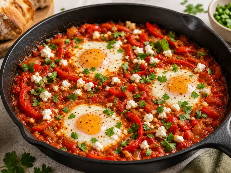 Shakeshuka aux tomates et poivrons avec feta — receta de cocina méditerranéen