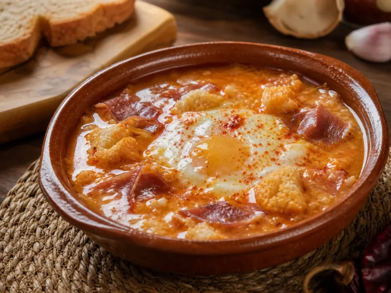 Soupe castillane à l'ail avec du pain et du paprika — receta de cocina méditerranéen