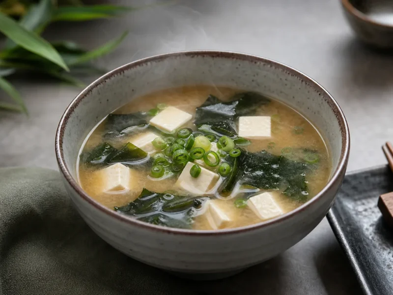 Sopa de miso con tofu, algas wakame y cebolleta — receta de cocina Japonesa