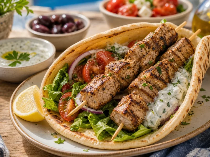 Souvlaki de cerdo con tzatziki y pan de pita — receta de cocina méditerranéen