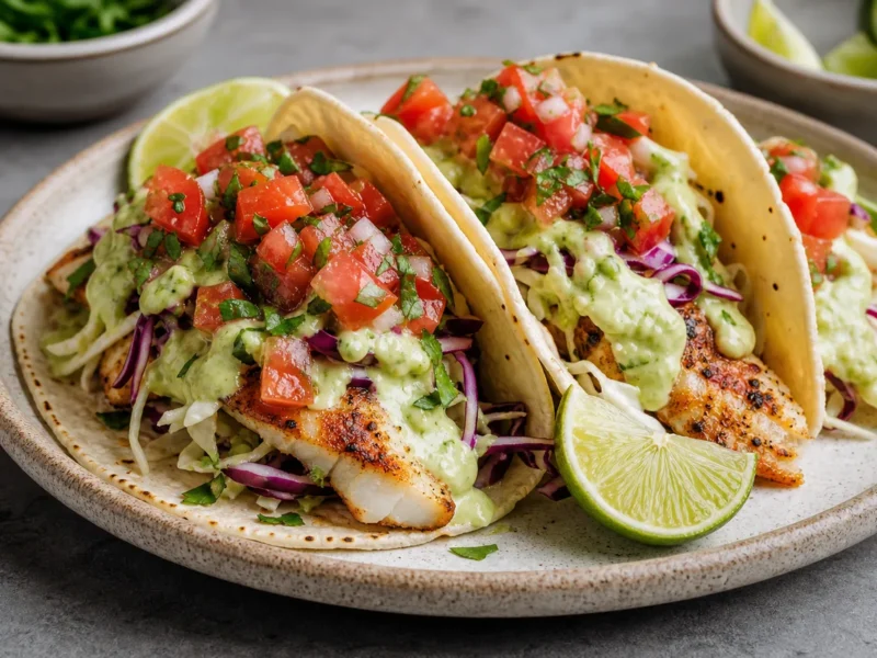 Tacos de pescado con salsa de aguacate y pico de gallo — receta de cocina Mexicana