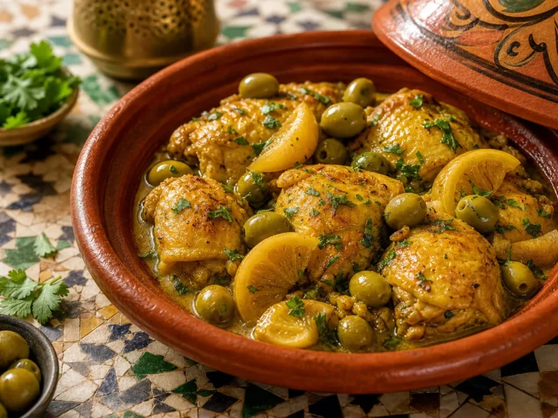 Tajín de pollo con limón encurtido y aceitunas — receta de cocina Marroquí