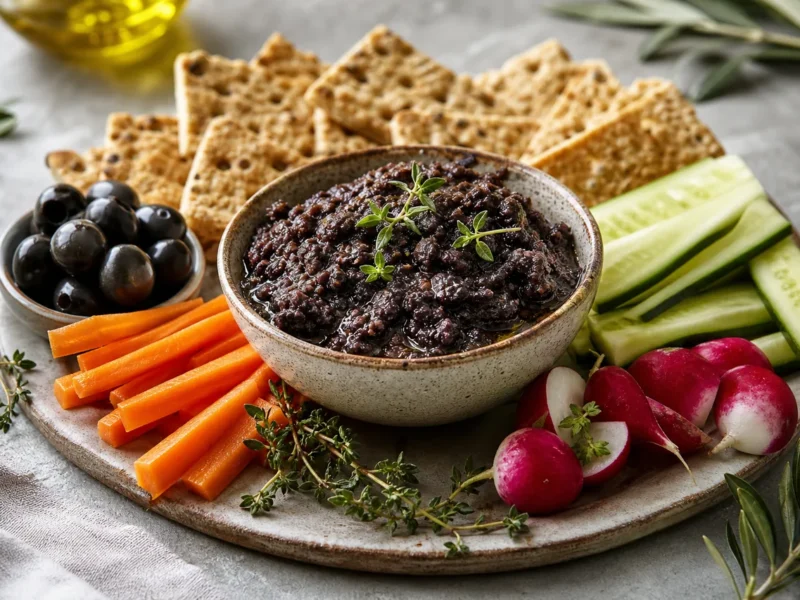 Tapenade de Aceitunas Negras con Crudités y Pan Wasa — receta de cocina Mediterranean