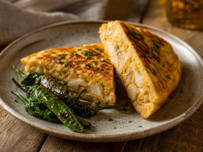 Tortilla de bacalao con pimientos del padrón asados — receta de cocina Mediterránea
