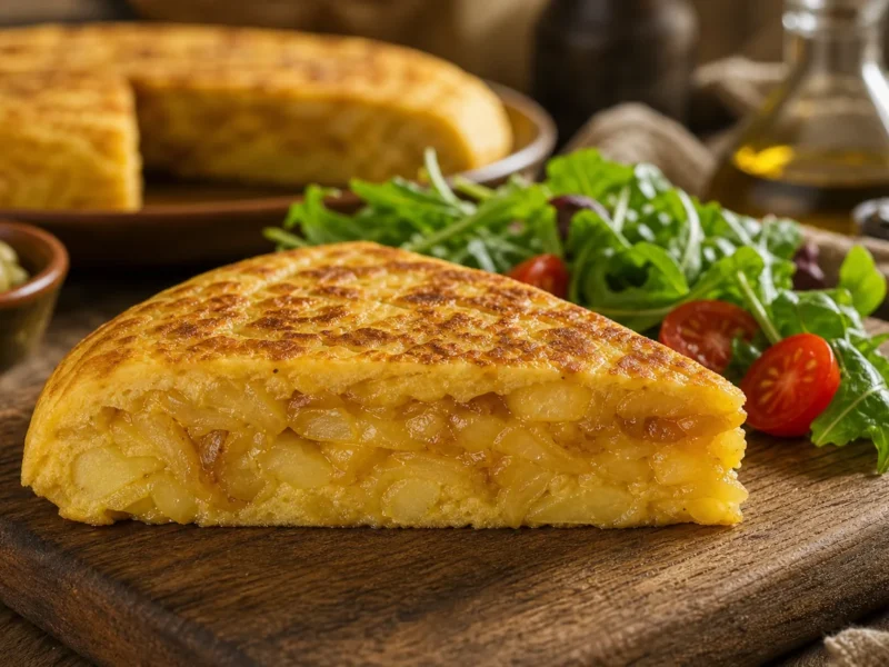 Tortilla española de patatas y cebolla caramelizada — receta de cocina Mediterránea