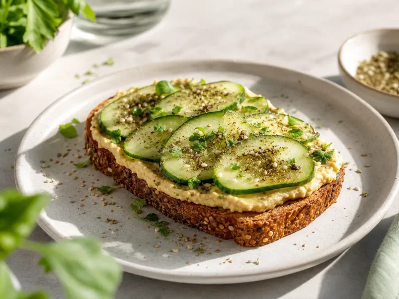 Tostada de Pan Proteico con Hummus, Pepino y Zaatar — receta de cocina Mediterránea