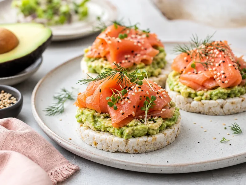 Tostaditas de Arroz con Aguacate, Salmón y Sésamo — receta de cocina Mediterránea