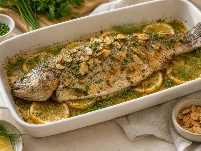 Trucha al horno con almendras y mantequilla de hierbas — receta de cocina Mediterránea